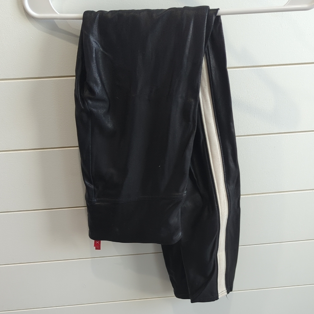 Black Faux Leather Pants with White Stripe